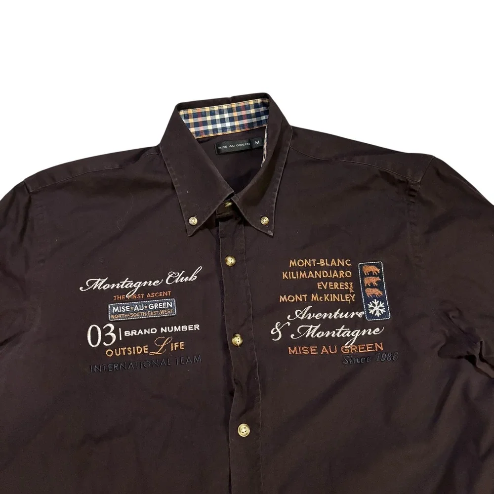 Mise Au Green Men's Brown Button‎ Down Size M Embroidered Mountain Adventure